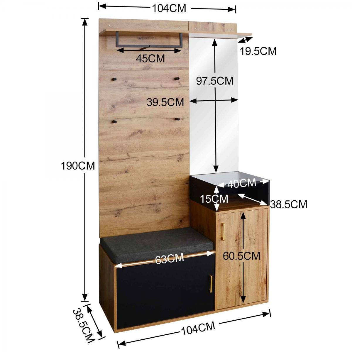 Garderobenmöbel mit Haken, Spiegel, Sitzbank und Schrank. Holzoptik und Schwarz.
