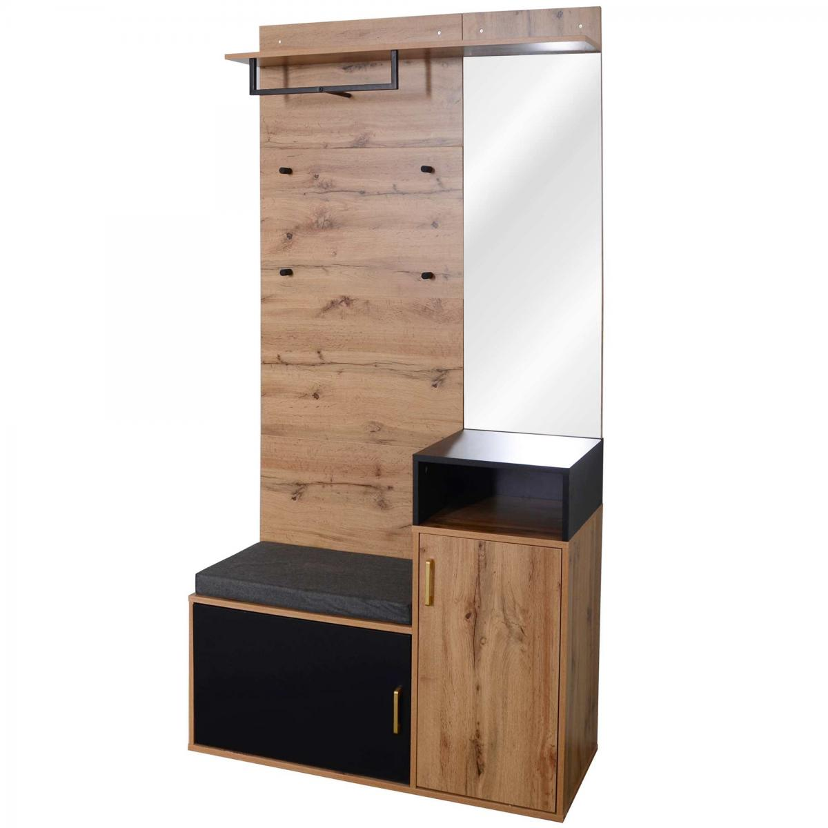 Flurgarderobe mit Sitzbank, Spiegel, Ablage, Haken und Schrank.