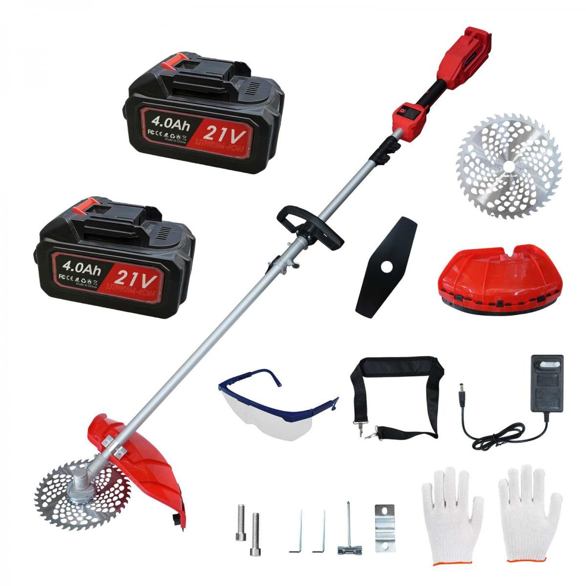 Ein 21V Akku-Rasentrimmer-Set mit zwei Akkus, Schutzbrille, Handschuhen und Zubehör.