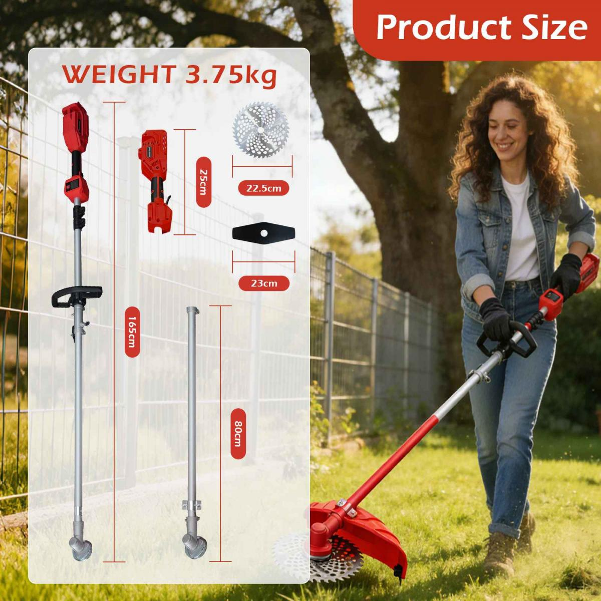 Eine Frau benutzt einen Rasentrimmer. Links sind Produktgrößenangaben.