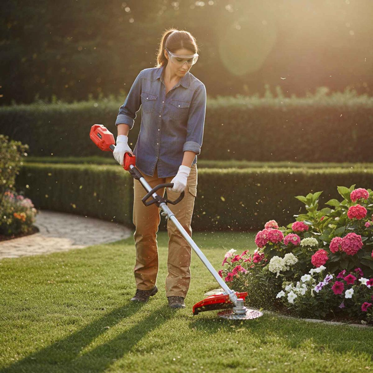 Eine Frau trimmt Gras mit einem Rasentrimmer in einem sonnigen Garten.