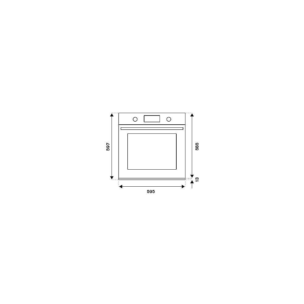 Disegno tecnico di un forno da incasso con dimensioni 597x595x585 mm.