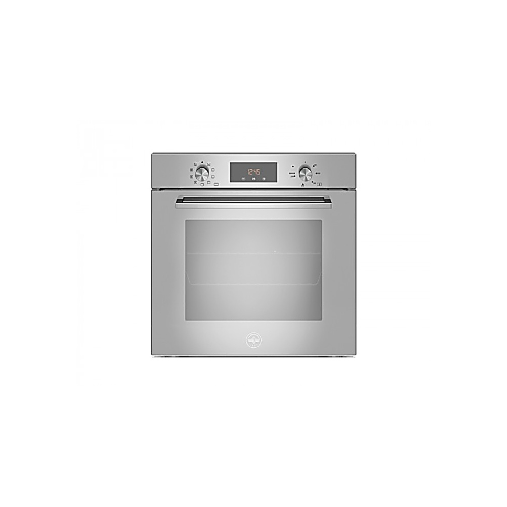 Un moderno forno da incasso argentato con display digitale e porta in vetro.