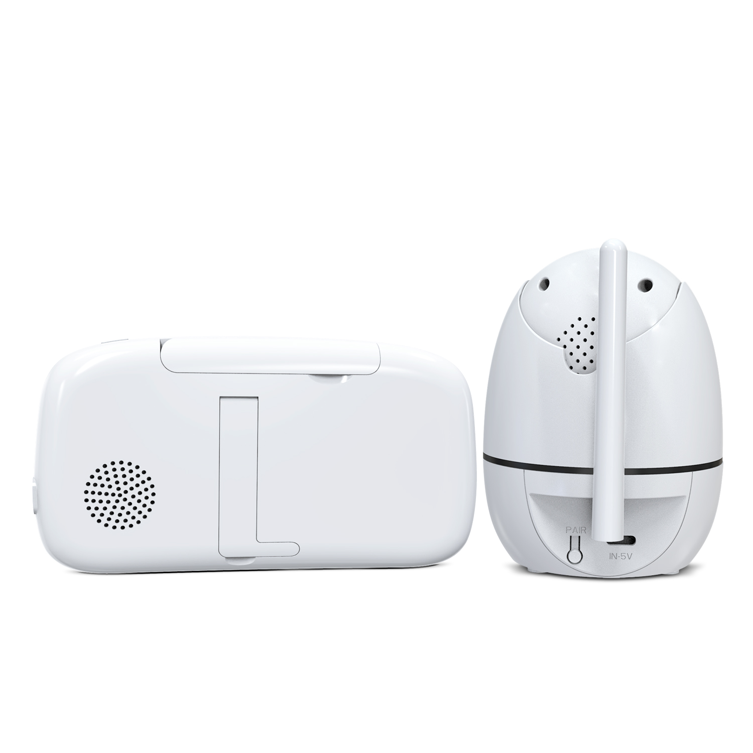 Zwei weiße Babyphone-Geräte, ein Monitor und eine Kamera, stehen nebeneinander.