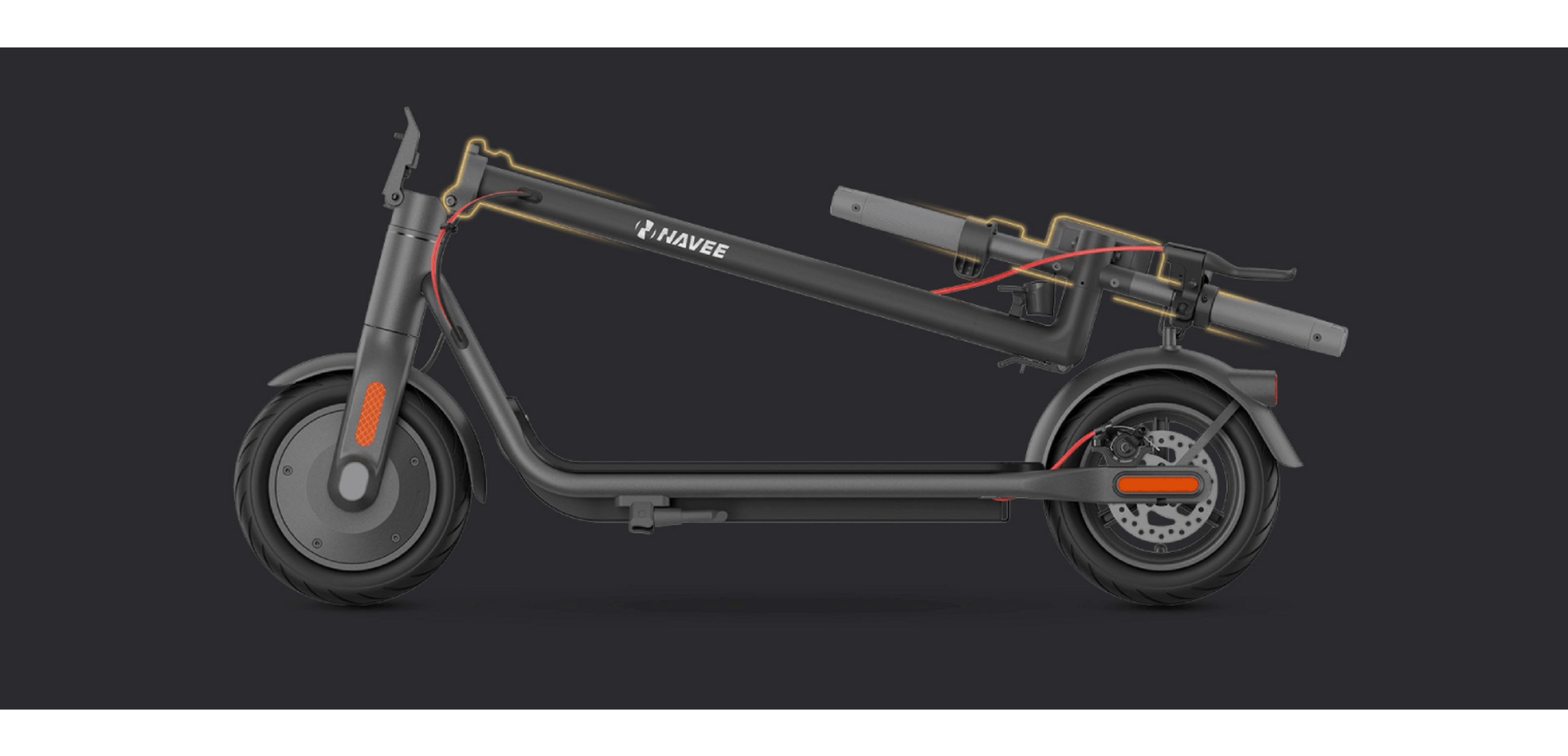 Un patinete eléctrico NAVE gris con manillar extendido y cables rojos.