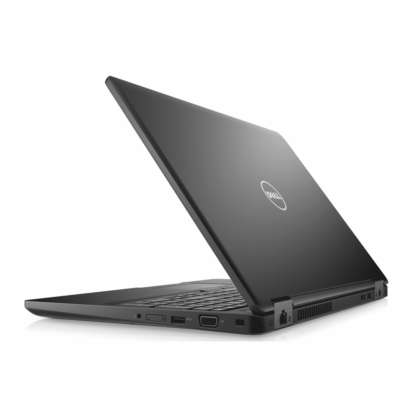 Ein schwarzer Dell Laptop mit geöffnetem Deckel und Tastatur.