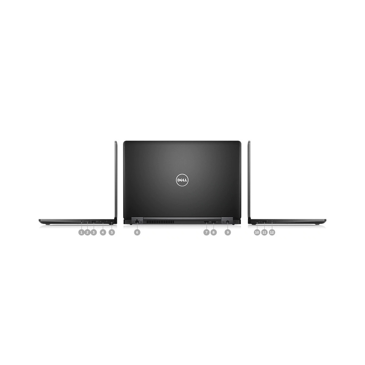 Drei Ansichten eines schwarzen Dell Laptops, Vorderseite, Rückseite und Seitenansicht mit Anschlüssen.