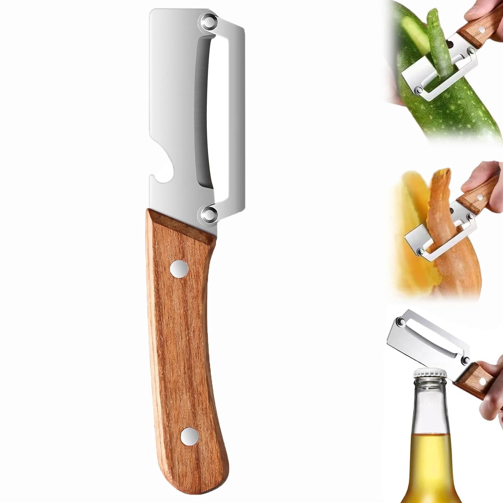 Ein multifunktionaler Sparschäler mit Holzgriff und Flaschenöffner.