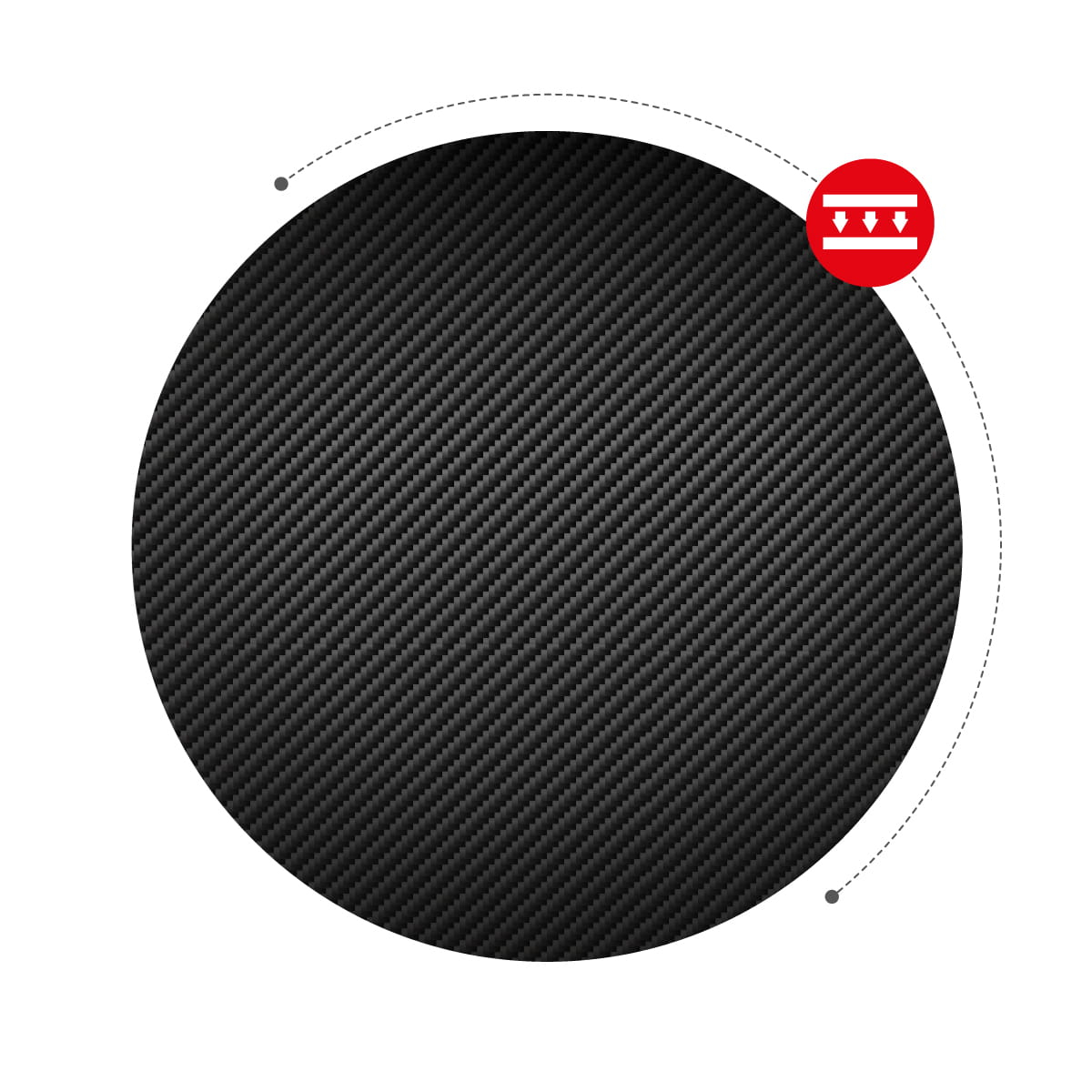 Czarny okrąg z włókna węglowego z czerwoną ikoną trzech strzałek w dół.