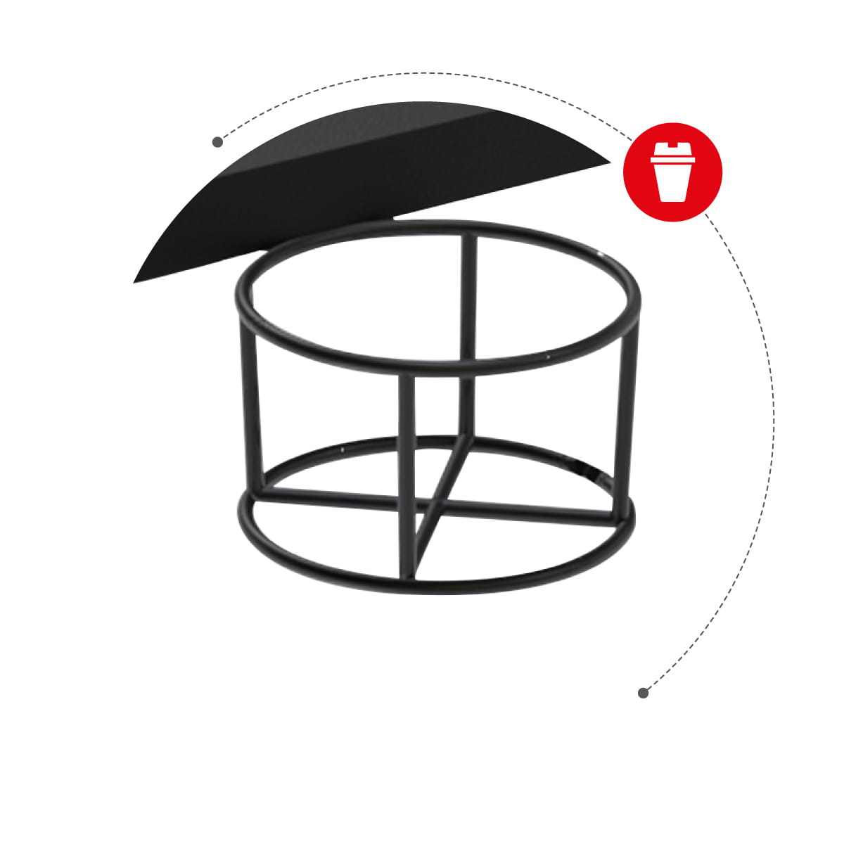 Czarny metalowy uchwyt druciany z okrągłymi górnymi i dolnymi obręczami.