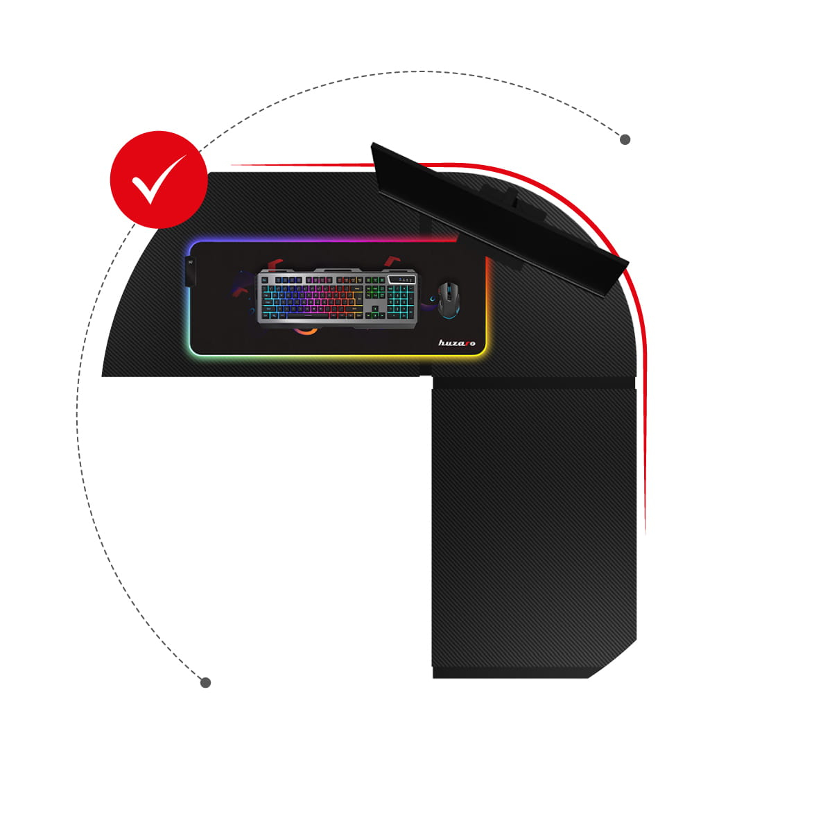 Zestaw gamingowy: klawiatura RGB, mysz na macie, monitor i ptaszek.
