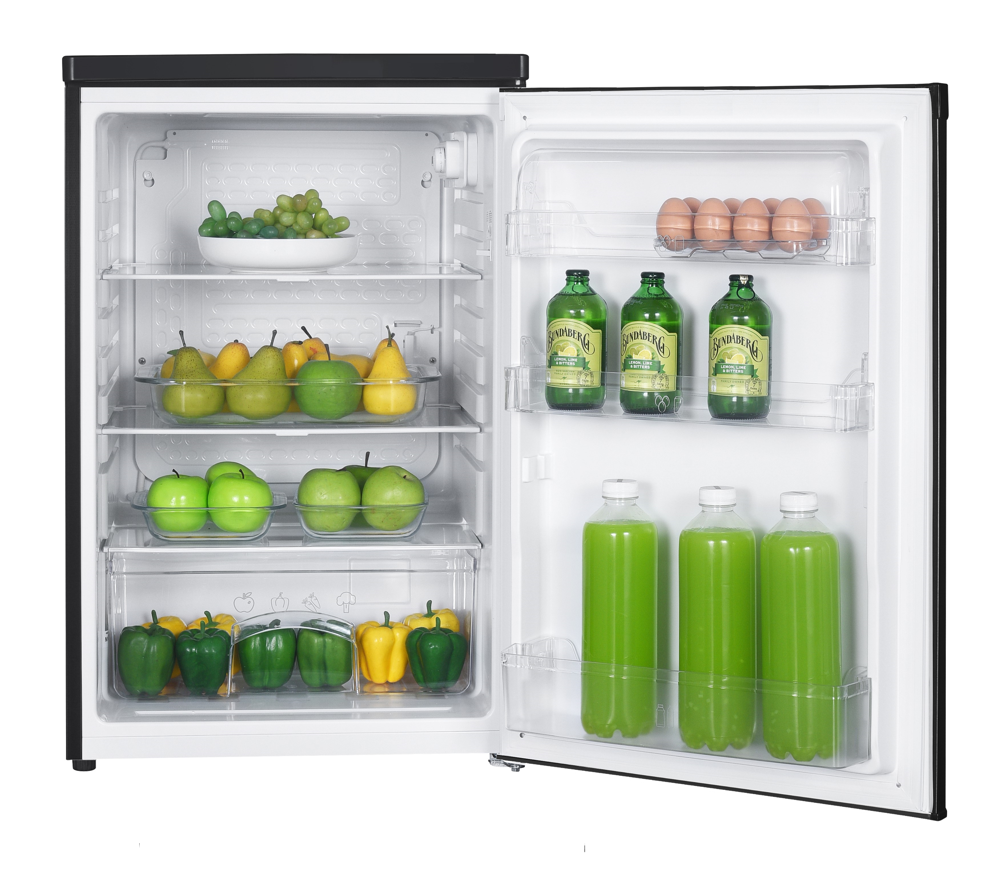 Open refrigerator with fruit, eggs, bottles, and vegetables.