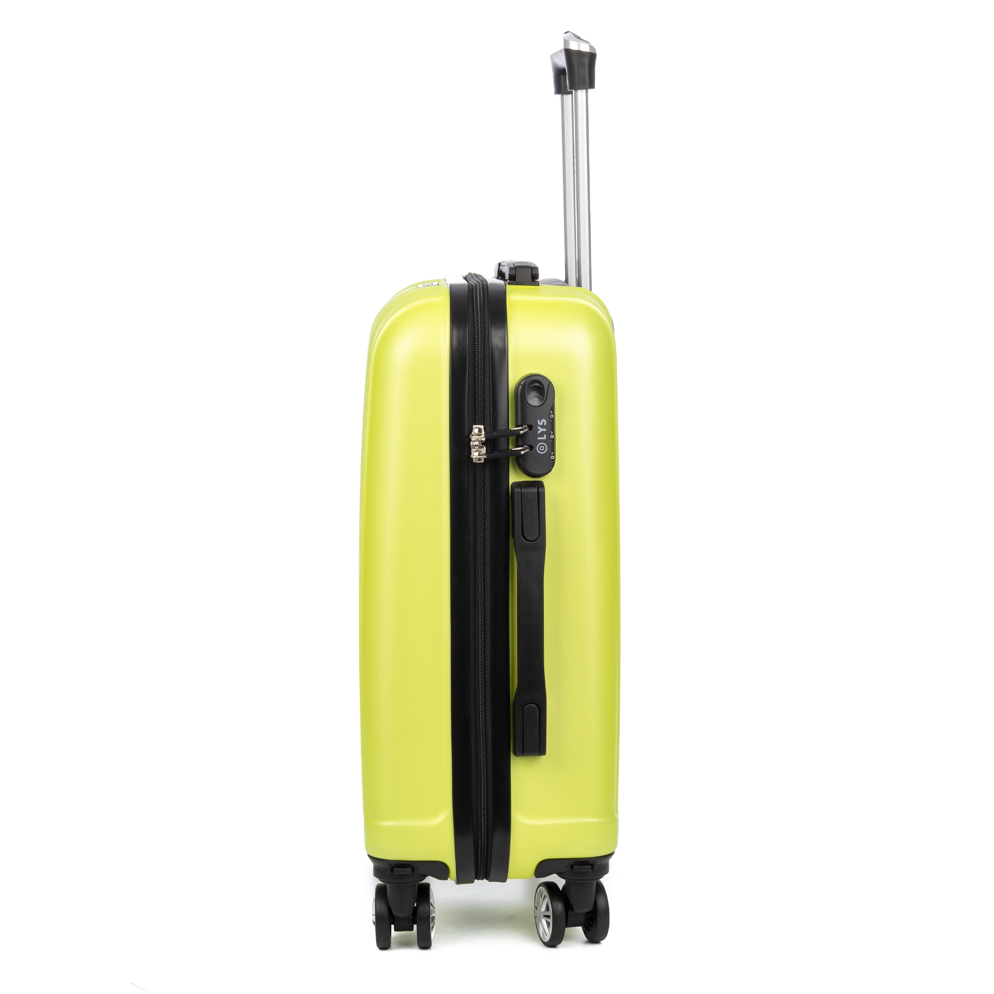 Una valigia verde lime con manico retrattile e lucchetto a combinazione.