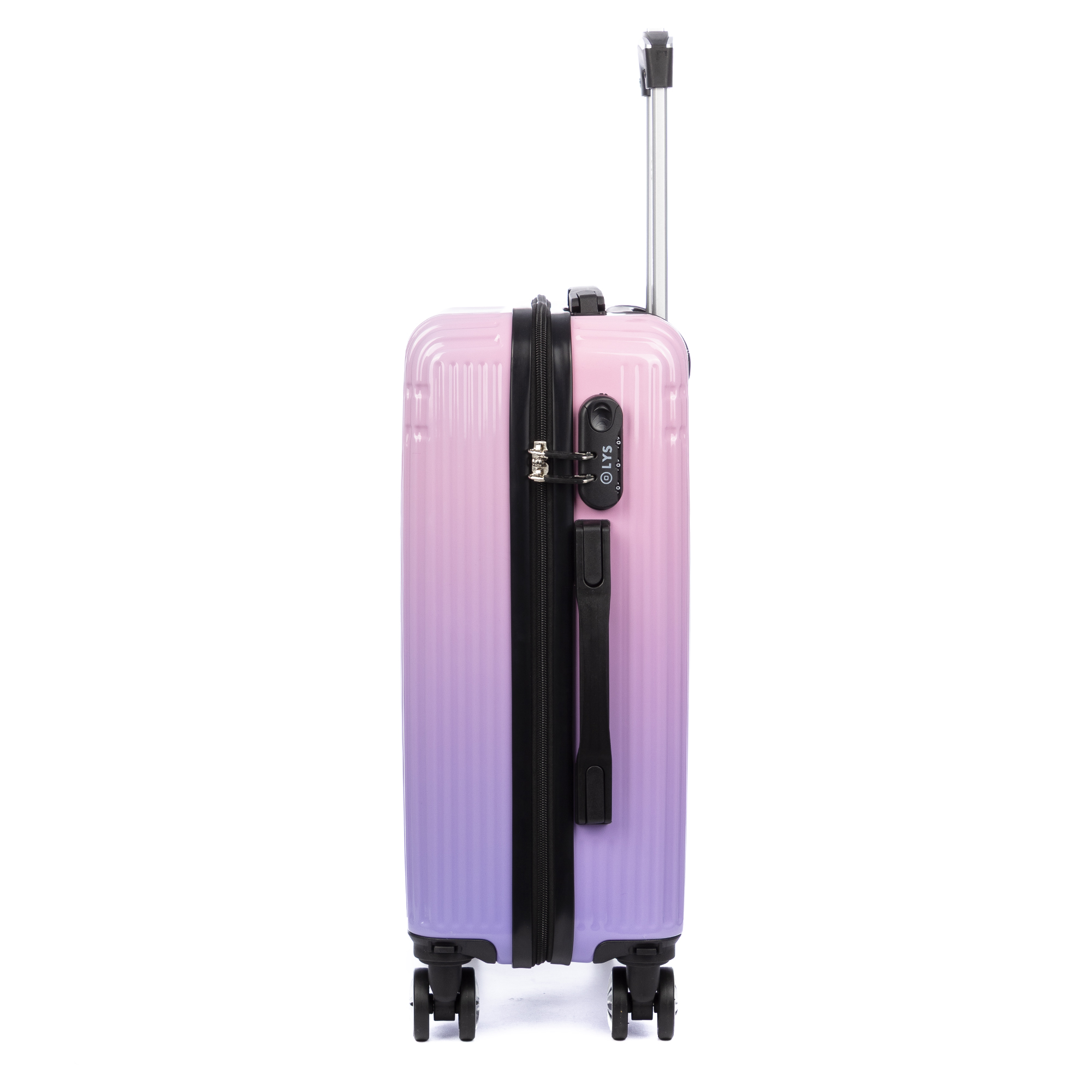 Una valigia con sfumatura rosa e viola, serratura TSA e manico estensibile.