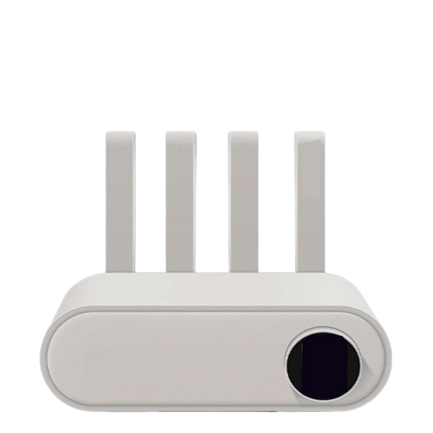 Ein weißer Router mit vier Antennen und einem runden, dunklen Anschluss.