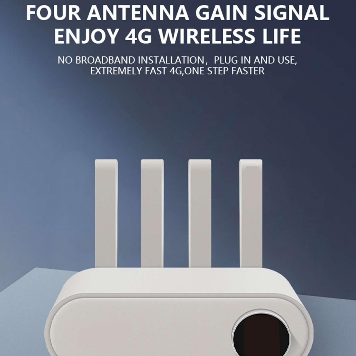Ein weißer 4G-Router mit vier Antennen steht auf einem blauen Tisch.