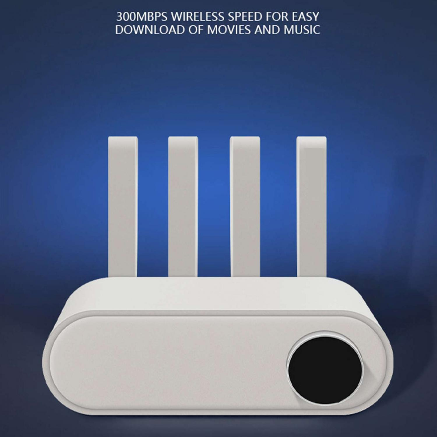 Ein weißer Router mit vier Antennen steht vor einem blauen Hintergrund. Text: 300MBPS WIRELESS SPEED.