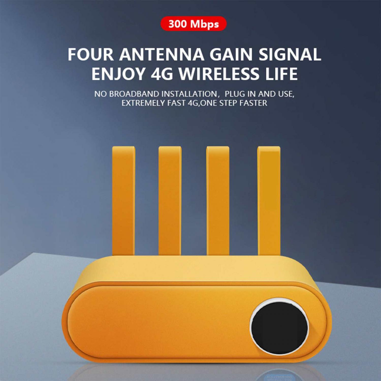 Ein gelber Router mit vier Antennen steht auf einem grauen Tisch. Text wirbt für 4G.