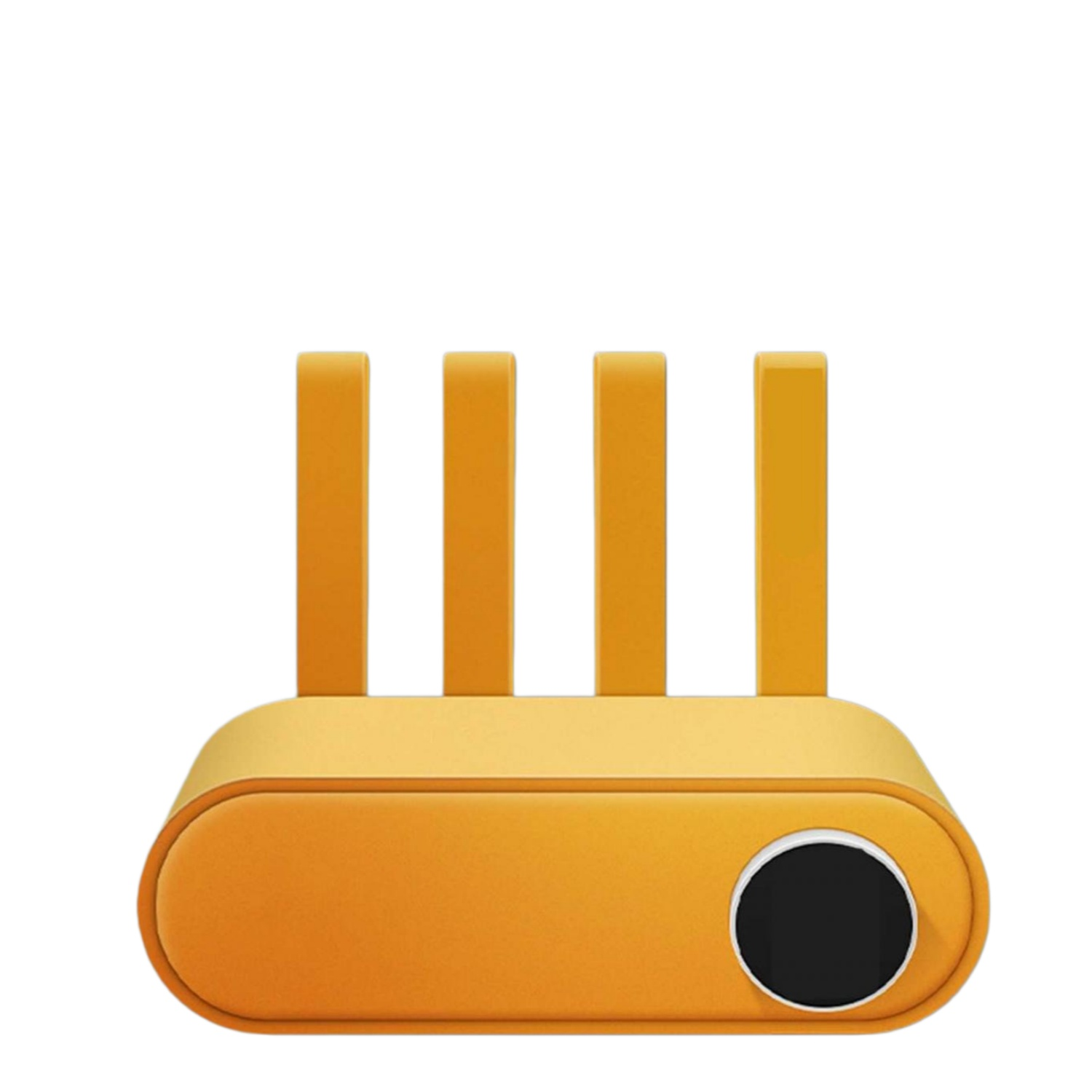 Ein gelber Router mit vier Antennen und einer schwarzen runden Kontrollleuchte.