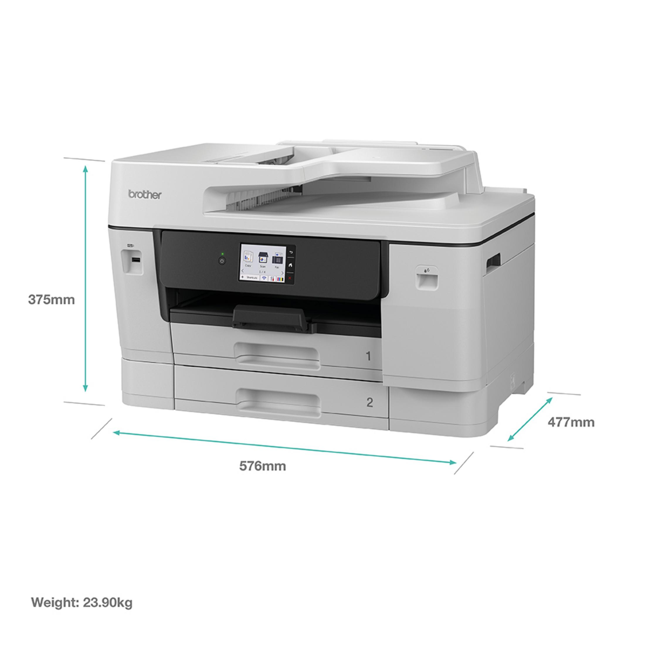 Ein weißer Brother Drucker mit zwei Papierfächern und Touchscreen.