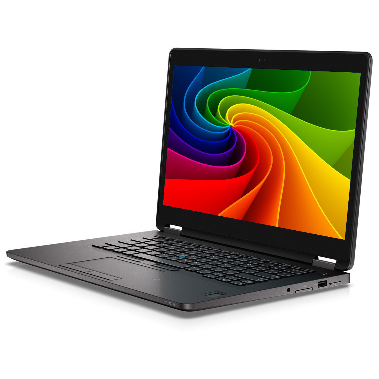 Ein offener schwarzer Laptop mit einem bunten Wirbel-Hintergrundbild auf dem Bildschirm.