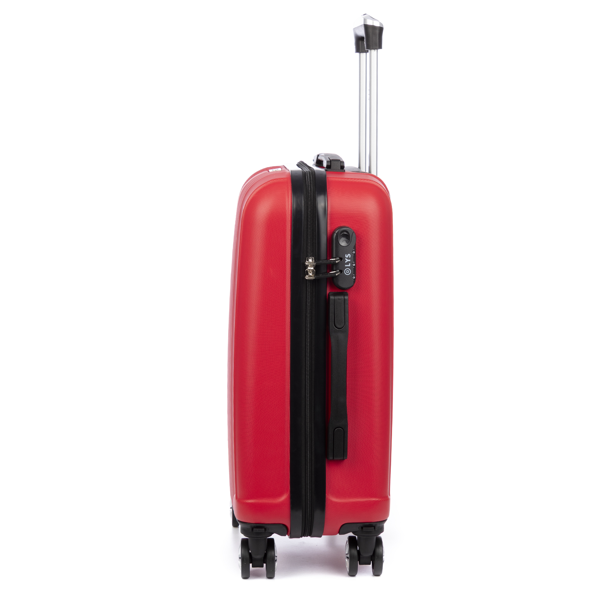 Maleta roja con asa extensible, candado y ruedas sobre fondo blanco.
