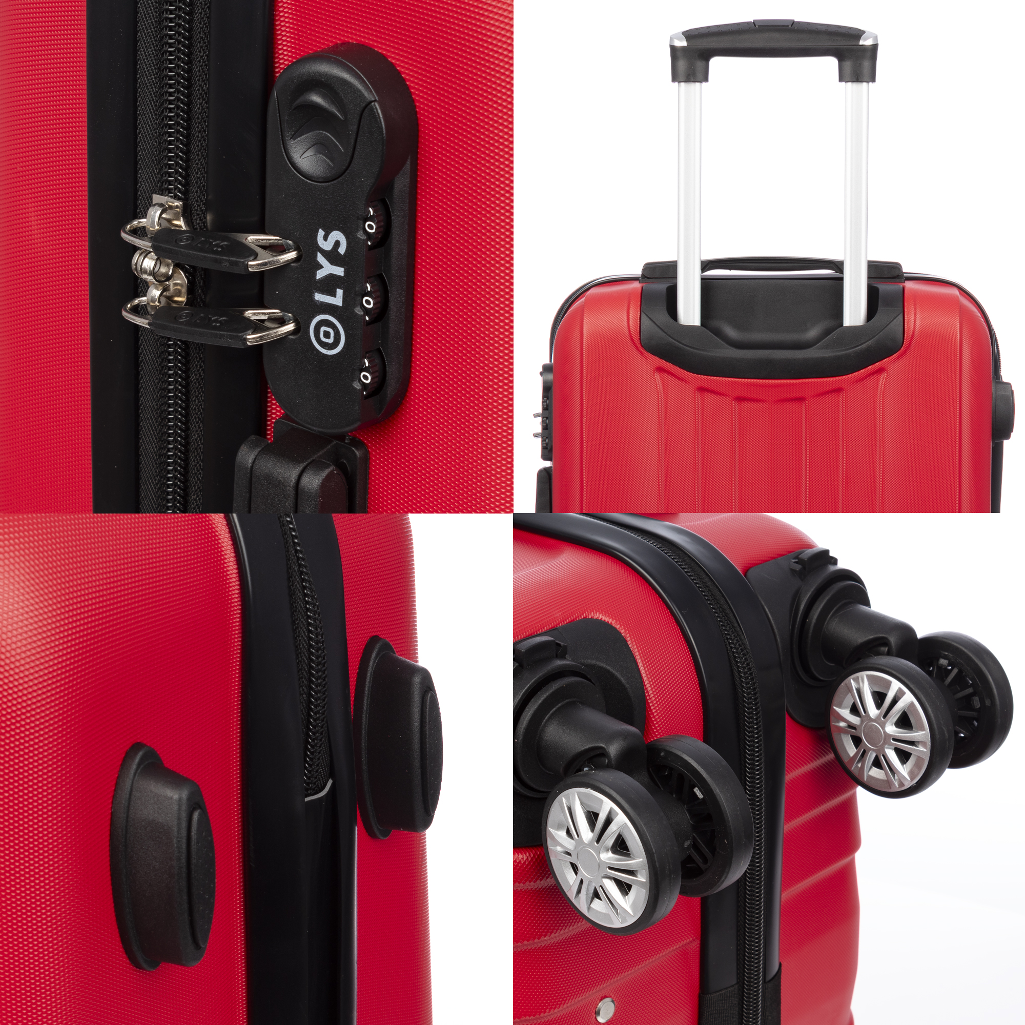 Maleta roja con cerradura TSA, asa telescópica y cuatro ruedas.