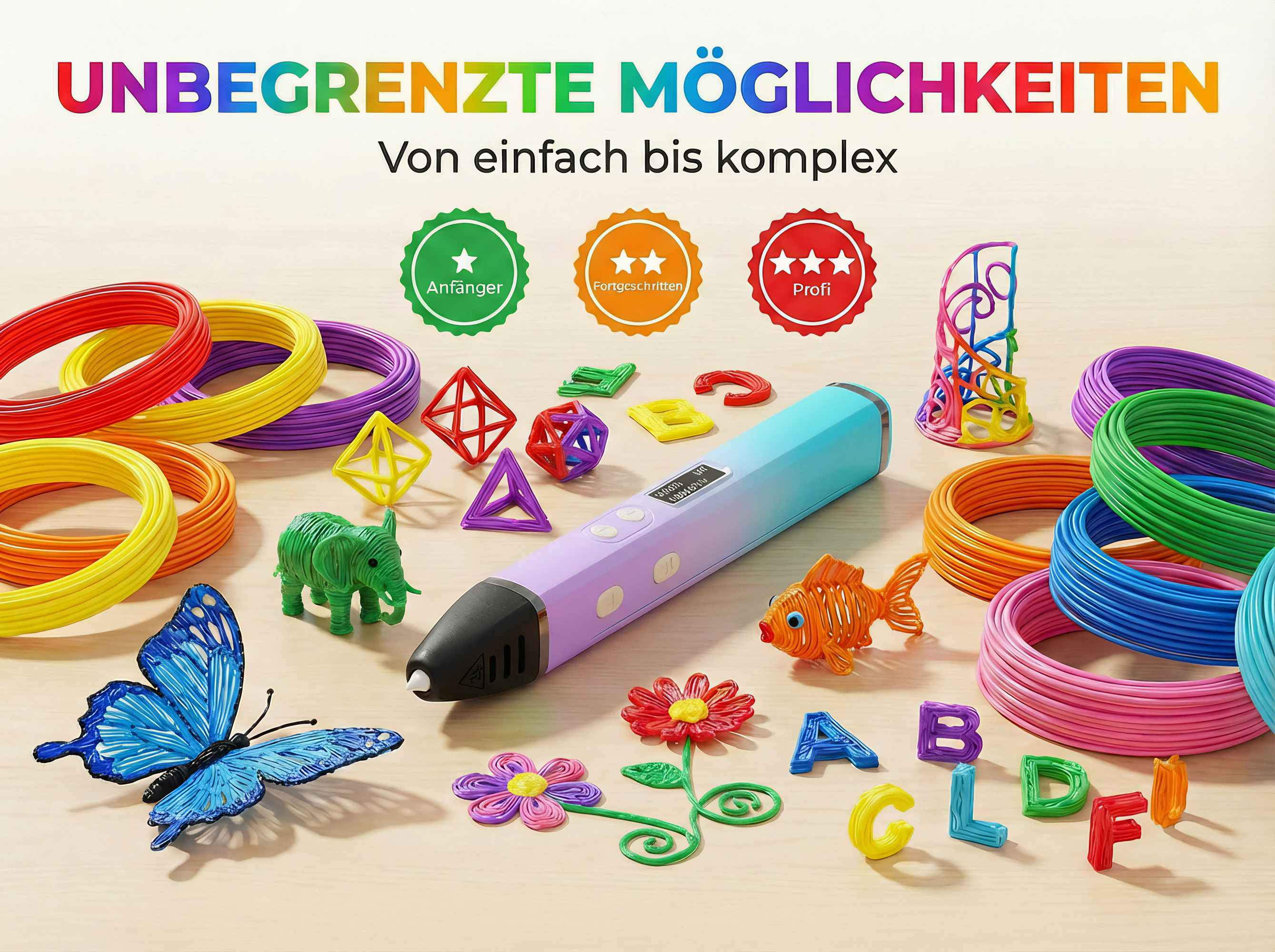 3D-Druckstift mit bunten Filamentrollen und 3D-gedruckten Objekten wie Schmetterling, Elefant, Fisch.