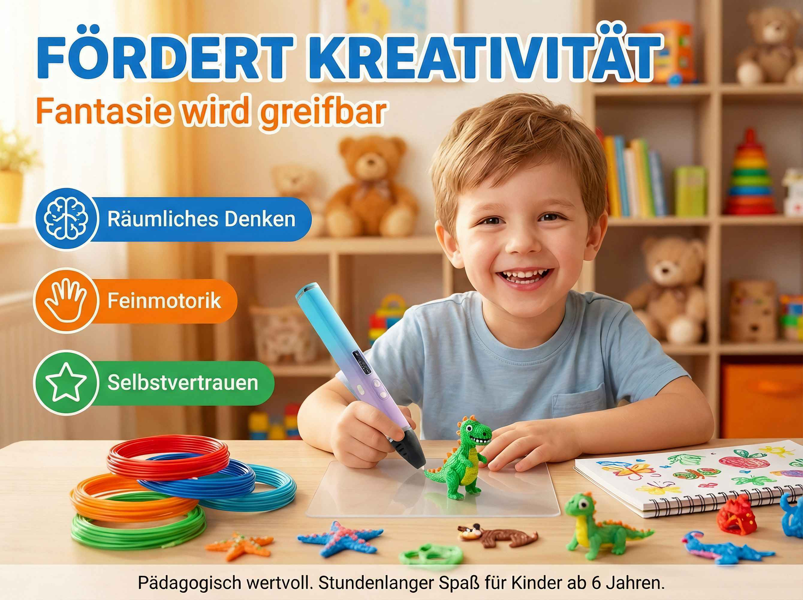 Kind mit 3D-Stift und bunten Filamenten, erstellt Dinosaurierfiguren.