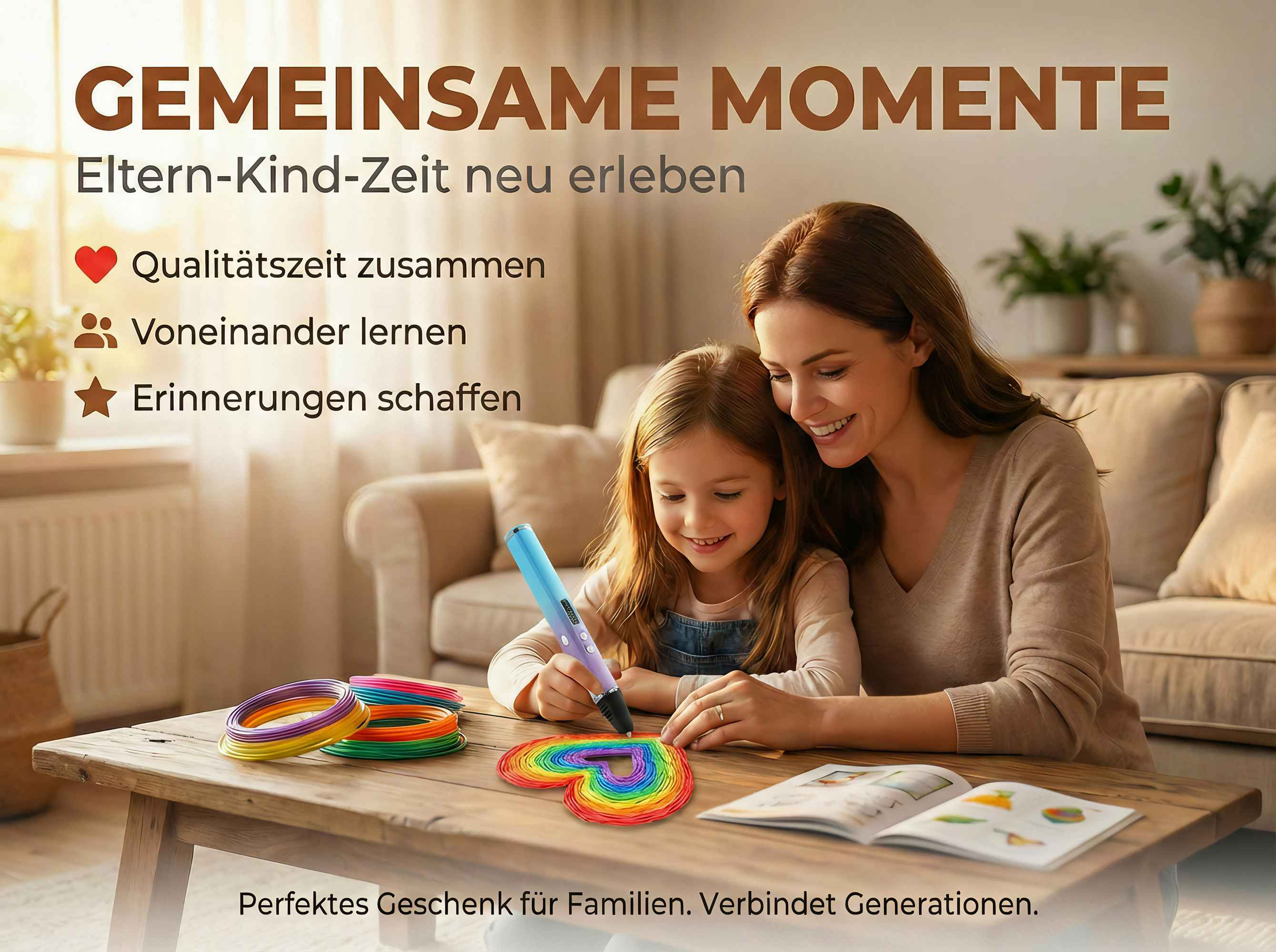 Mutter und Kind basteln mit 3D-Stift Regenbogenherz auf Holztisch.