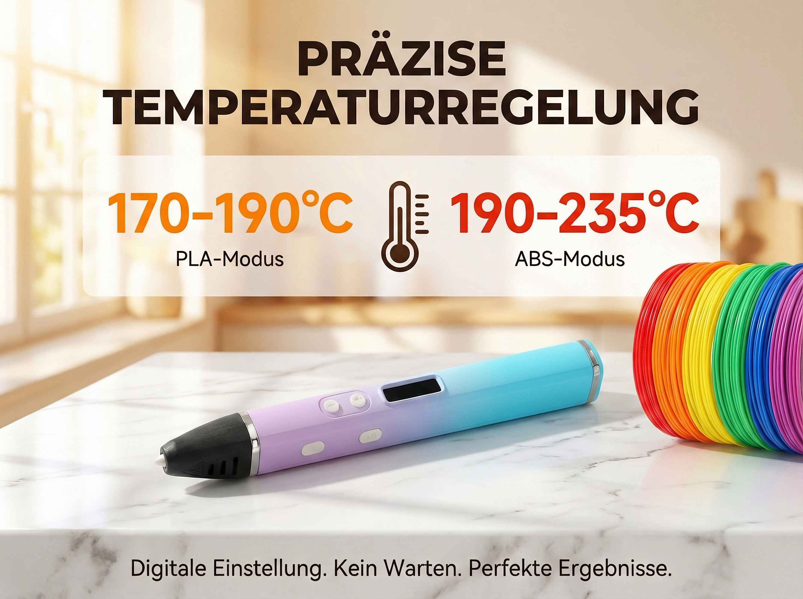 3D-Stift mit Temperatureinstellungen für PLA und ABS, neben bunten Filamentrollen.
