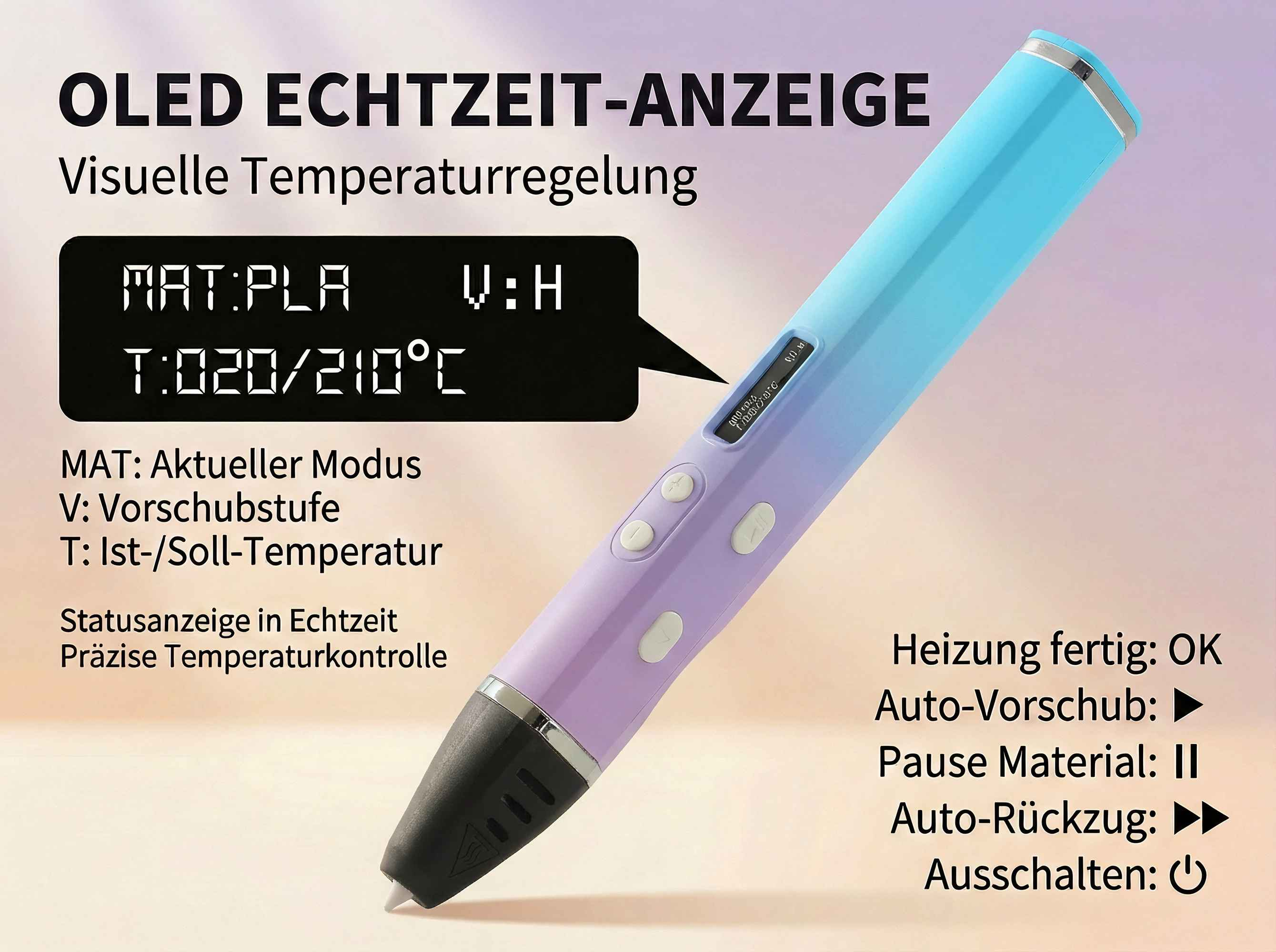 Ein violetter und blauer 3D-Stift mit OLED-Display zeigt PLA-Material und Temperatur an.
