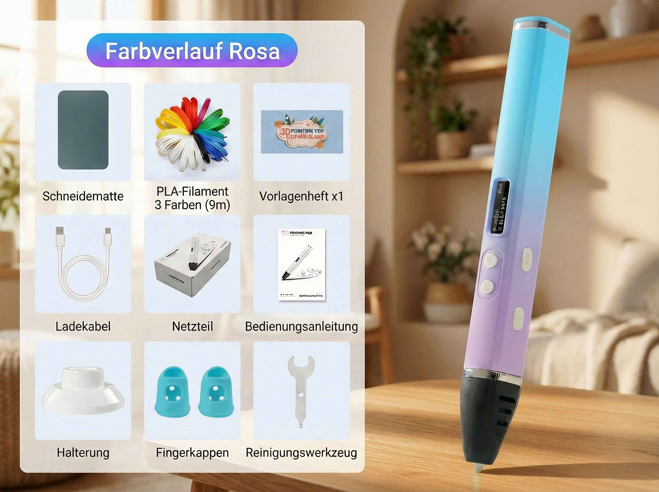 Ein 3D-Stift mit Farbverlauf, Schneidematte, Filament, Kabel und Werkzeugen.