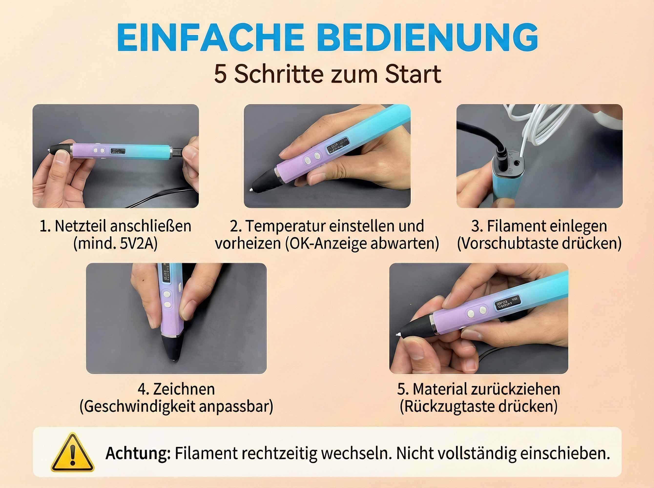 Anleitung in 5 Schritten für einen 3D-Stift mit Netzteil, Temperatur, Filament und Zeichnen.