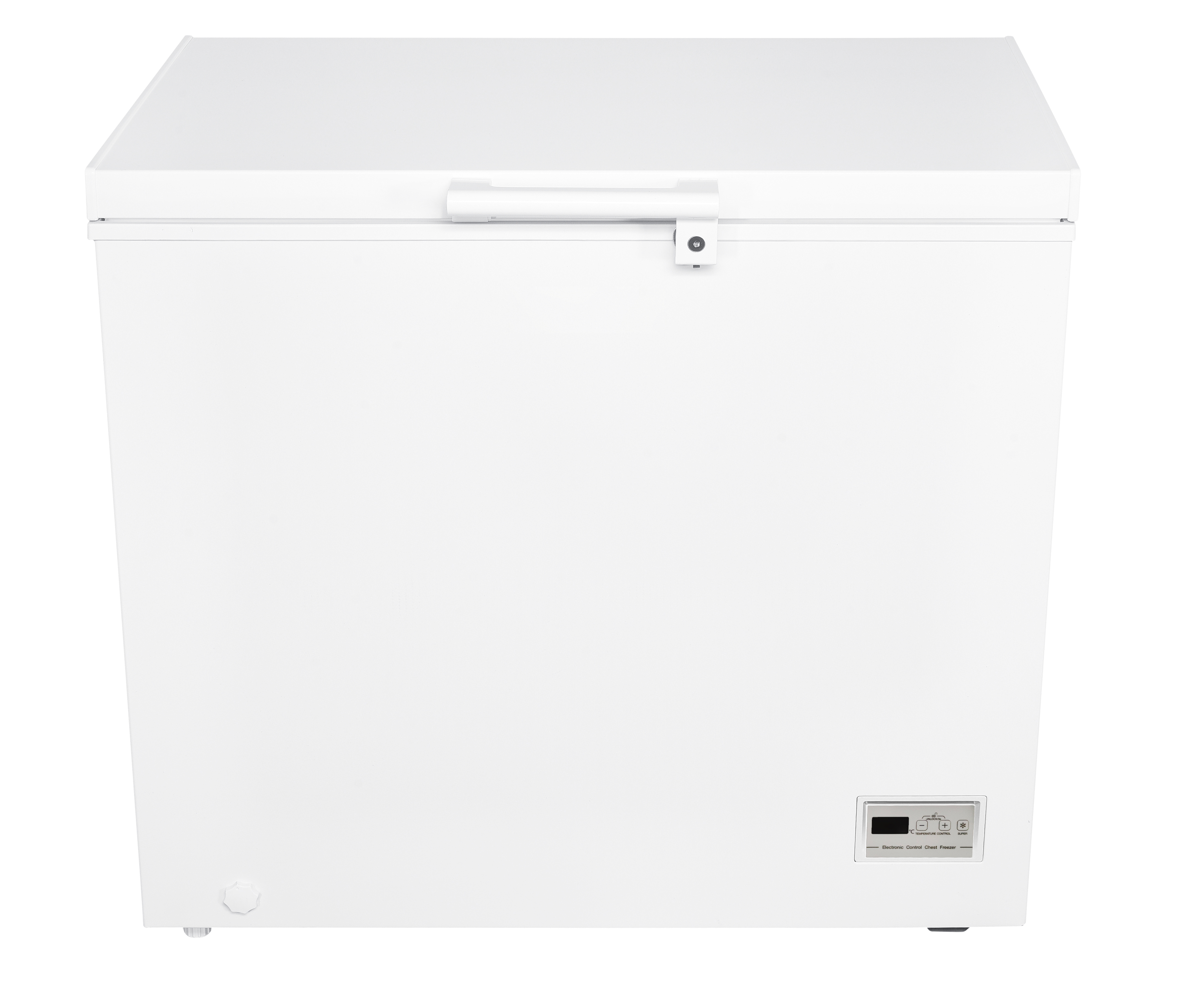 Een witte vrieskist met een zilverkleurig handvat en digitaal display.