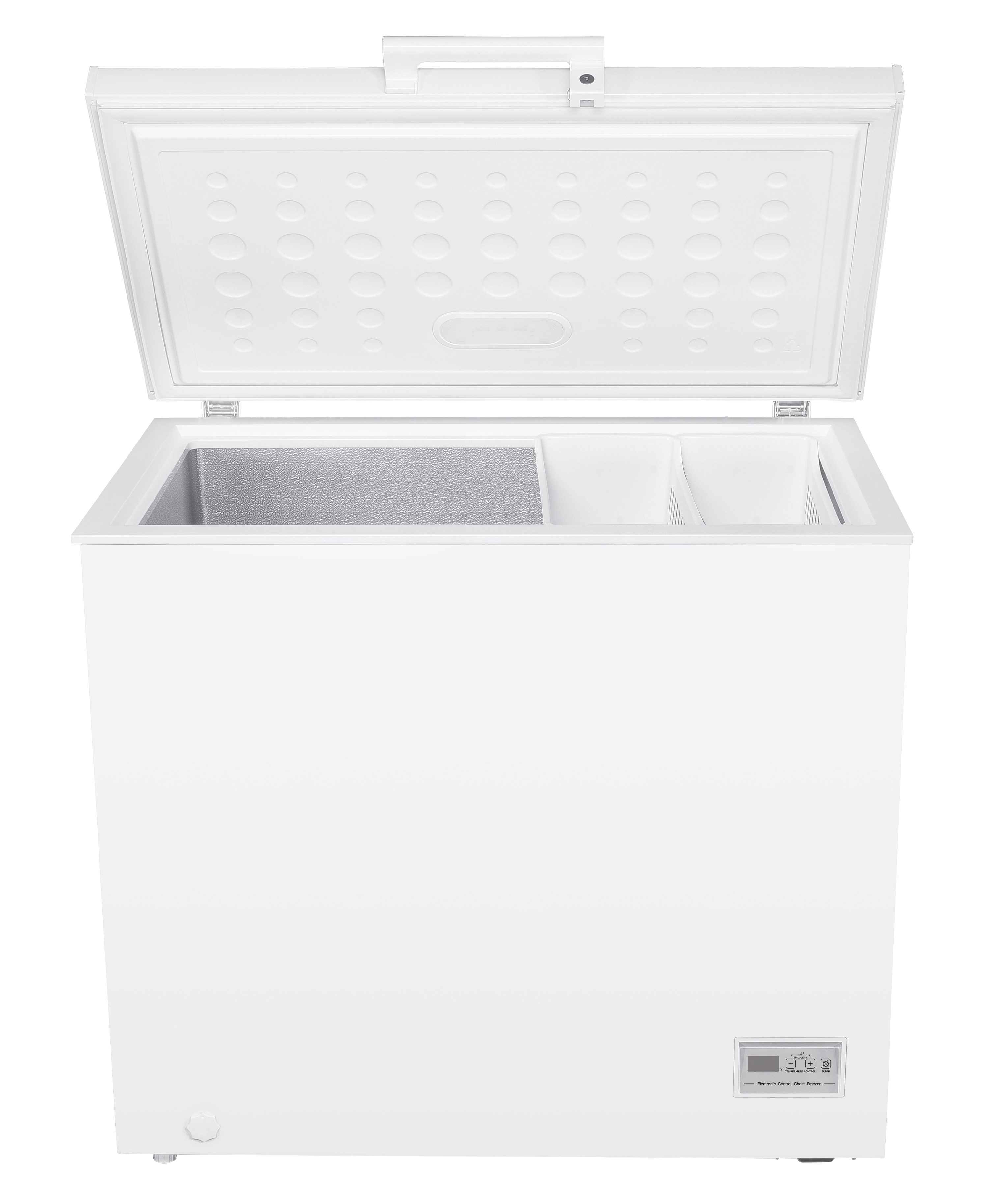 Een open witte vrieskist met zilverkleurige binnenkant en digitaal bedieningspaneel.