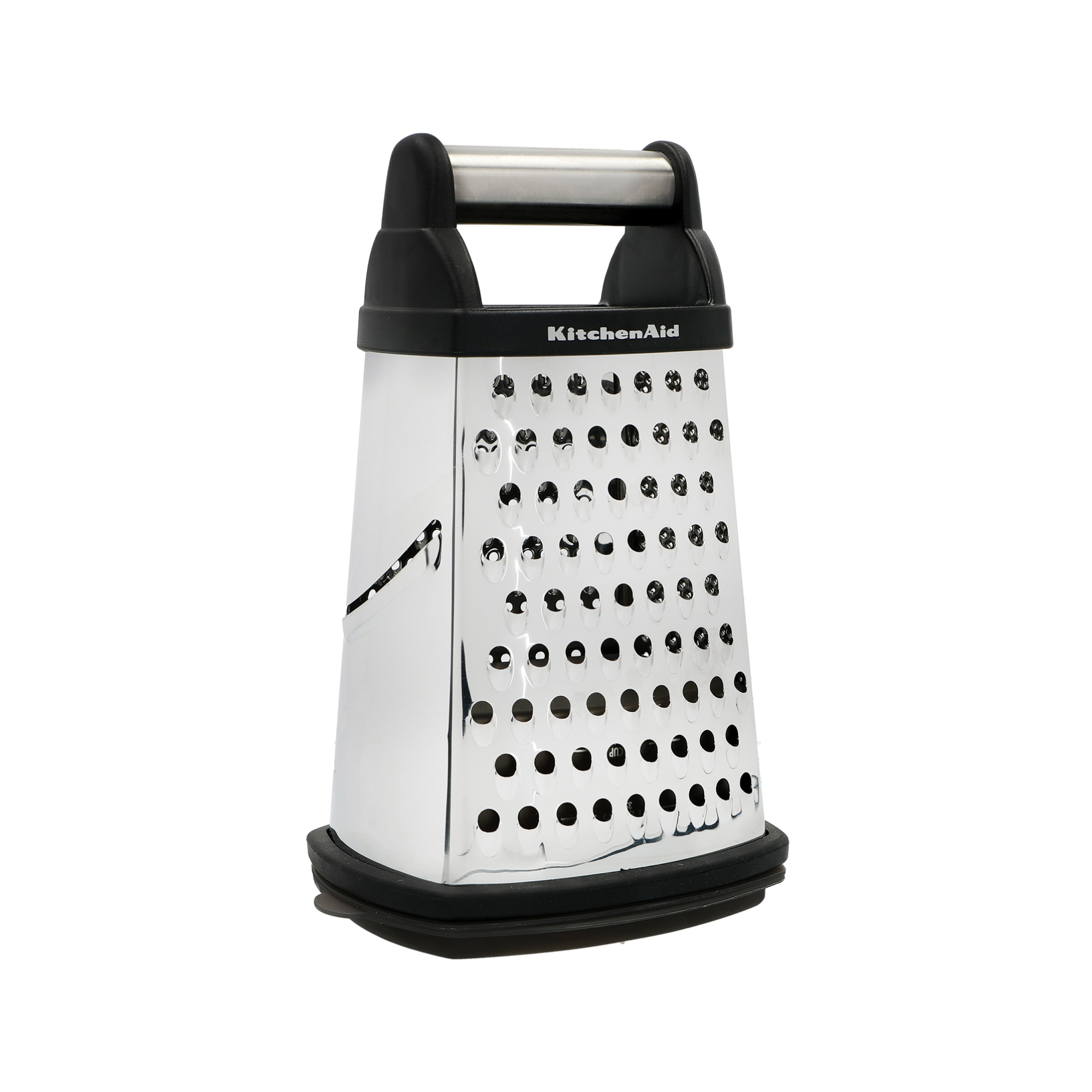 Ein silberner KitchenAid-Reibe mit schwarzem Griff und Basis.