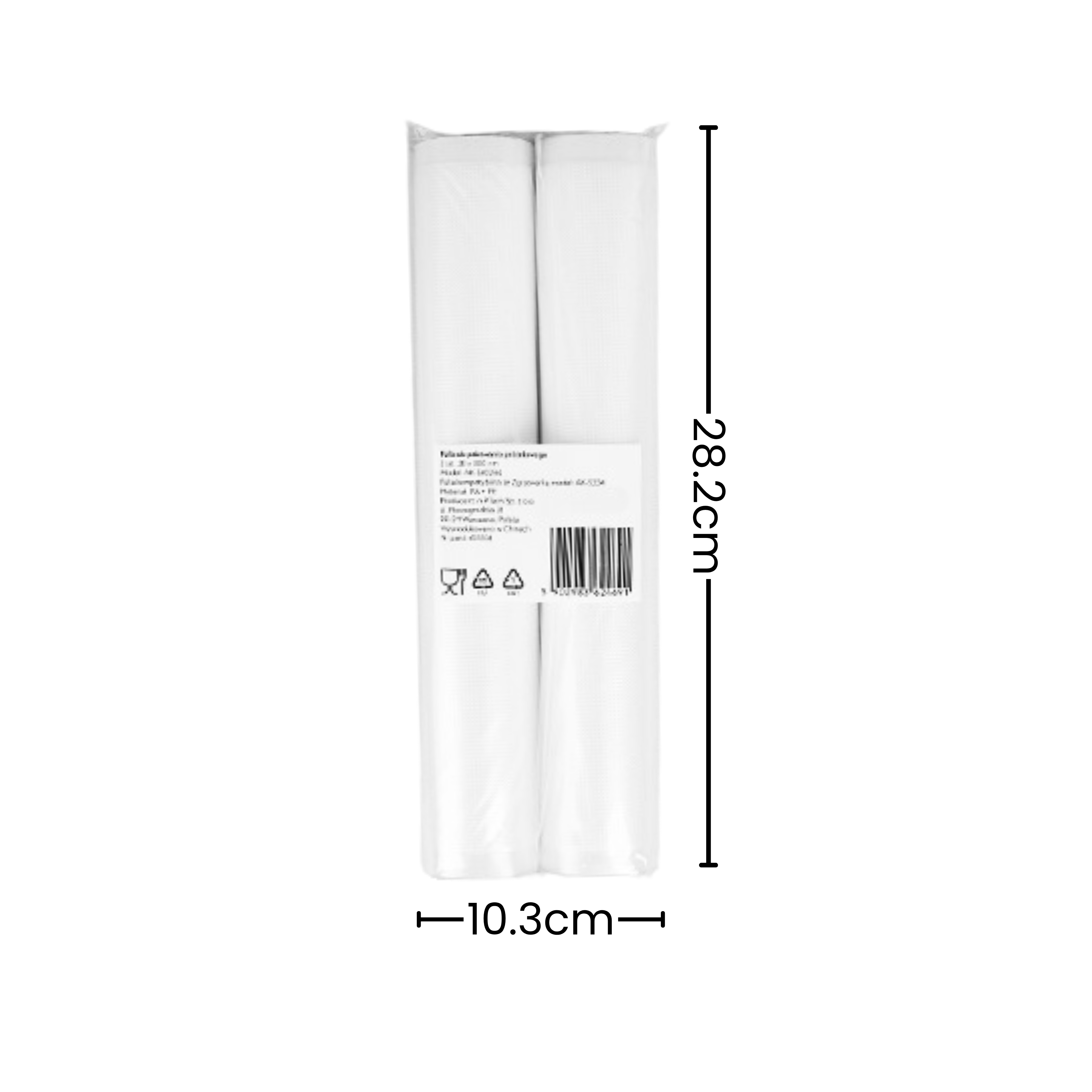 Dwa białe rolki folii spożywczej w opakowaniu, wymiary 28,2x10,3cm.