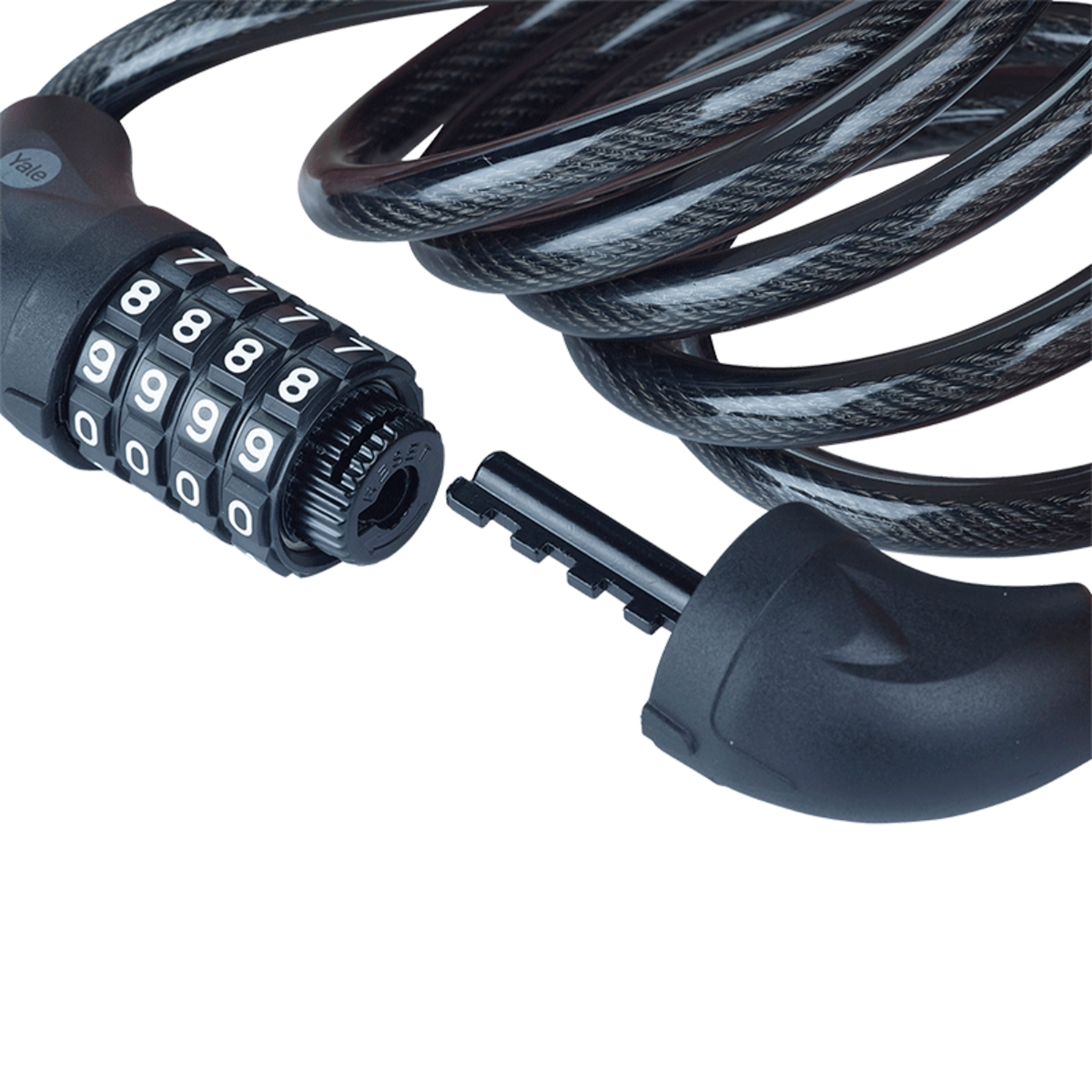 Ein schwarzes Zahlenschloss mit Kabel und Schlüssel, auf weißem Hintergrund.