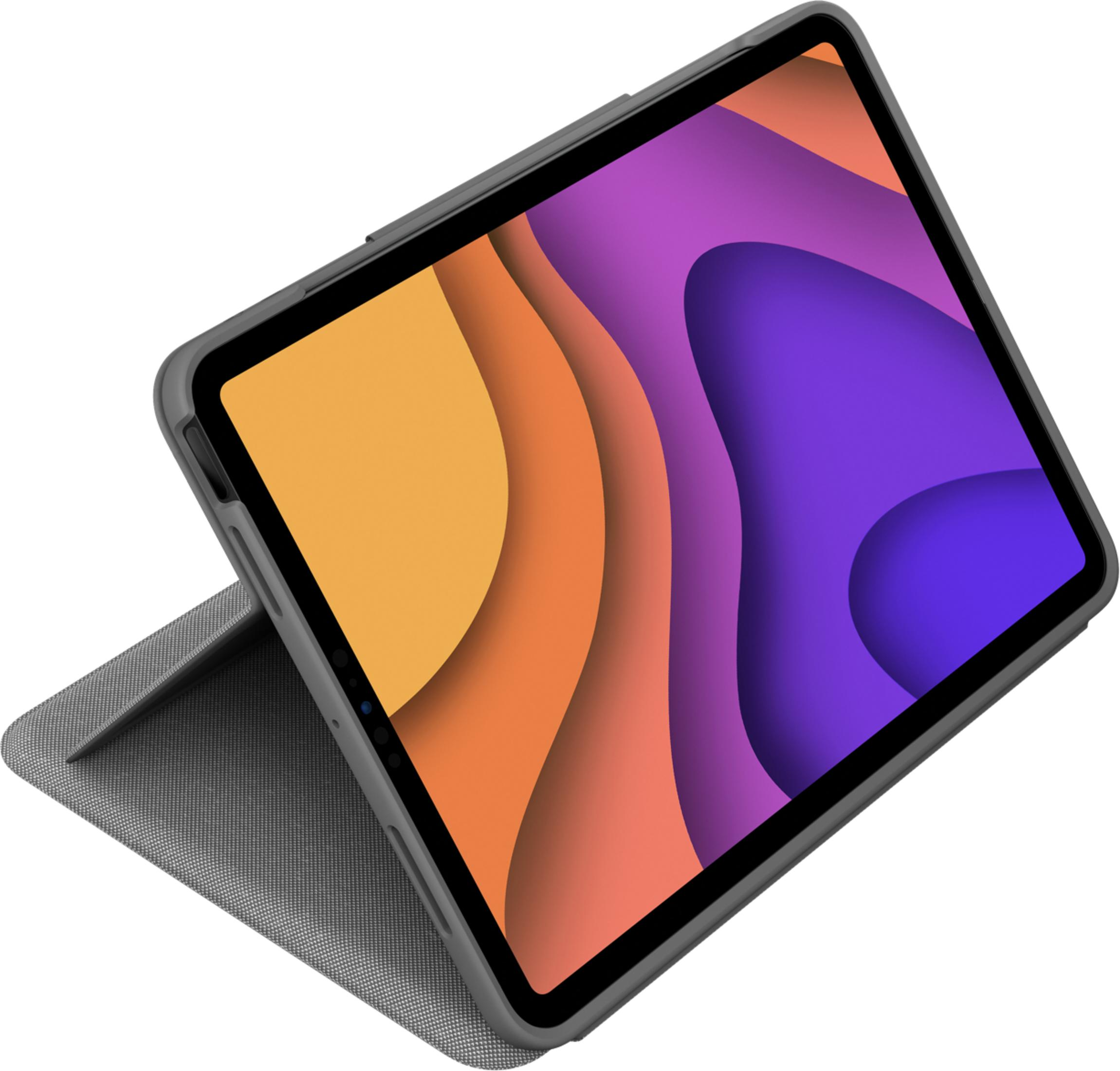 Un tablet grigio in una custodia, con uno sfondo astratto colorato sullo schermo.
