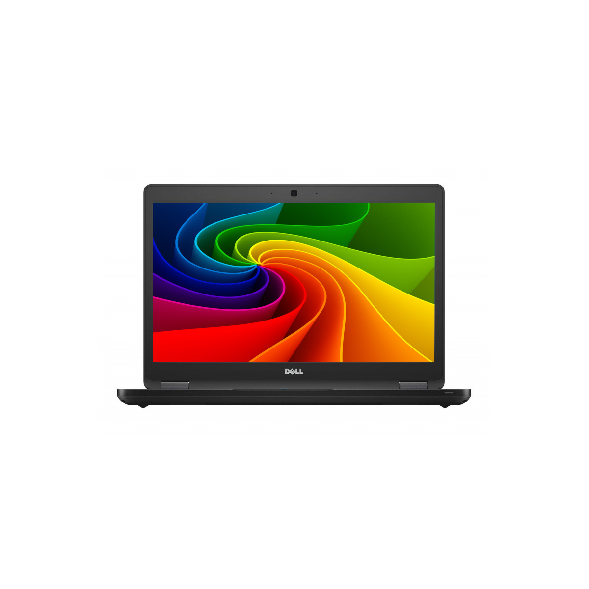 Ein offener schwarzer Dell Laptop mit einem bunten, wirbelnden Hintergrundbild.
