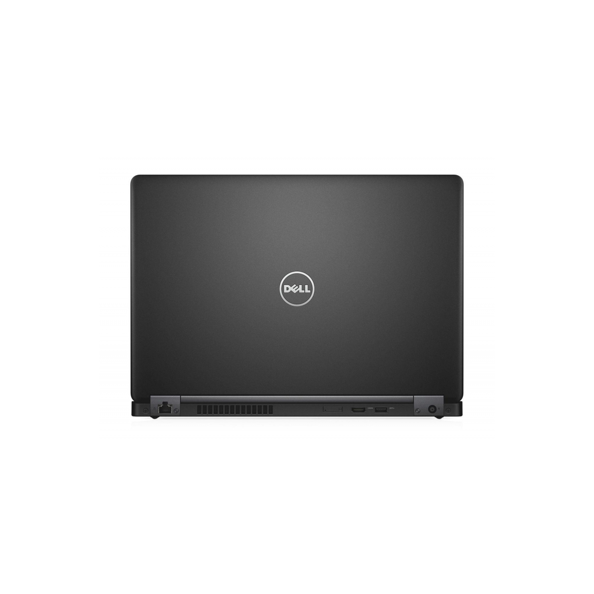 Geschlossener schwarzer Dell Laptop von oben, mit Logo und Anschlüssen an der Vorderseite.