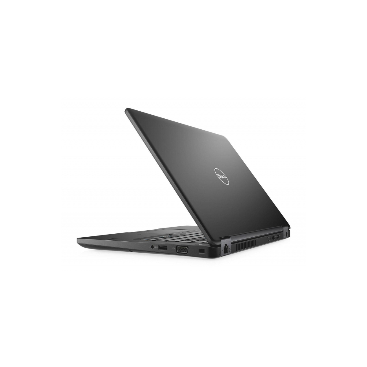 Ein geschlossener, dunkler Dell Laptop mit dem Logo auf dem Deckel, von der Seite gesehen.