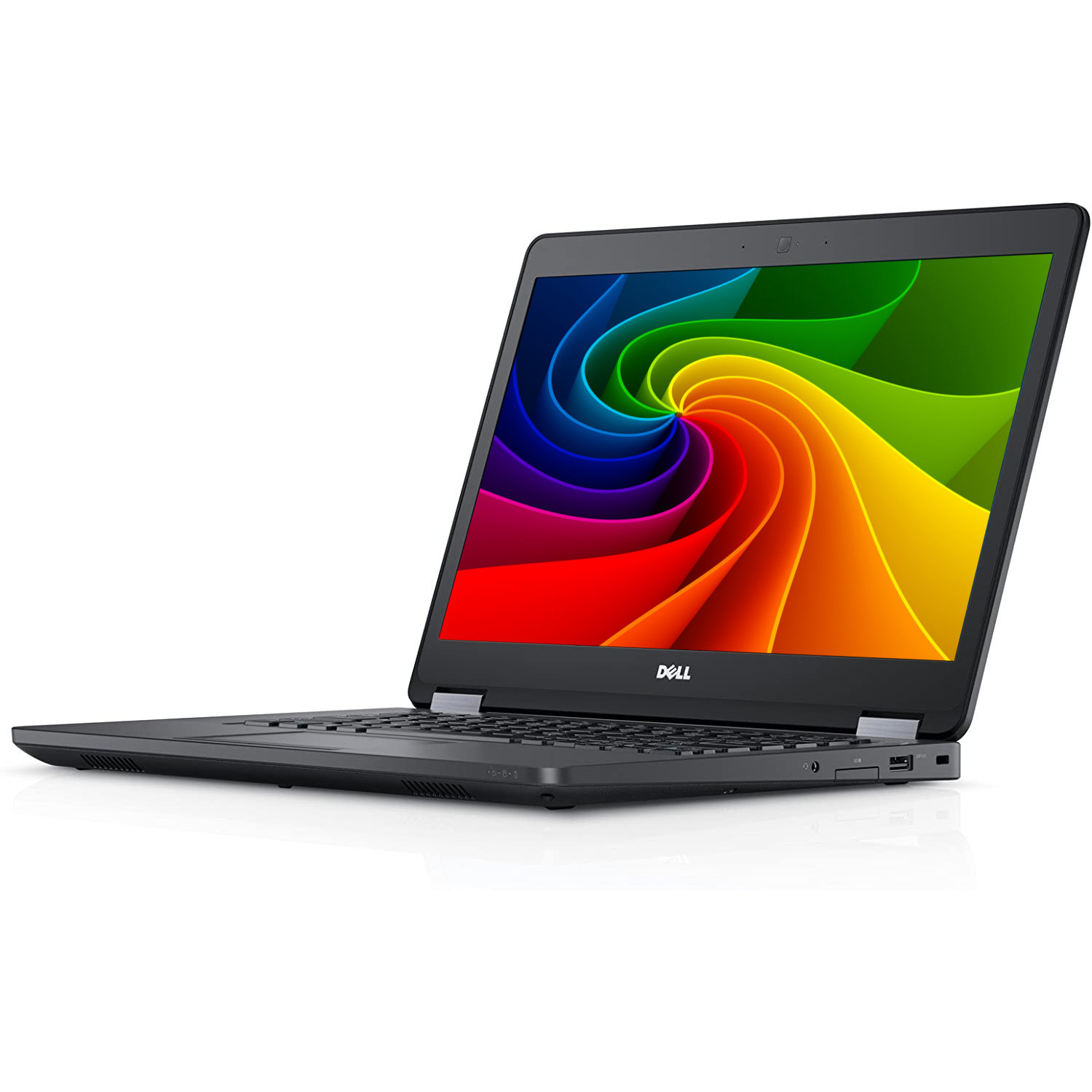 Ein offener schwarzer Dell Laptop mit einem bunten Wirbelhintergrund auf dem Bildschirm.