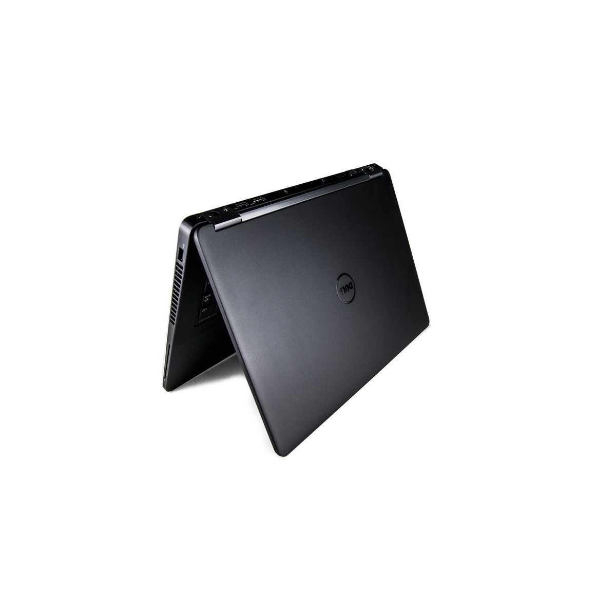 Schwarzer Dell Laptop, von hinten gesehen, auf weißem Hintergrund.