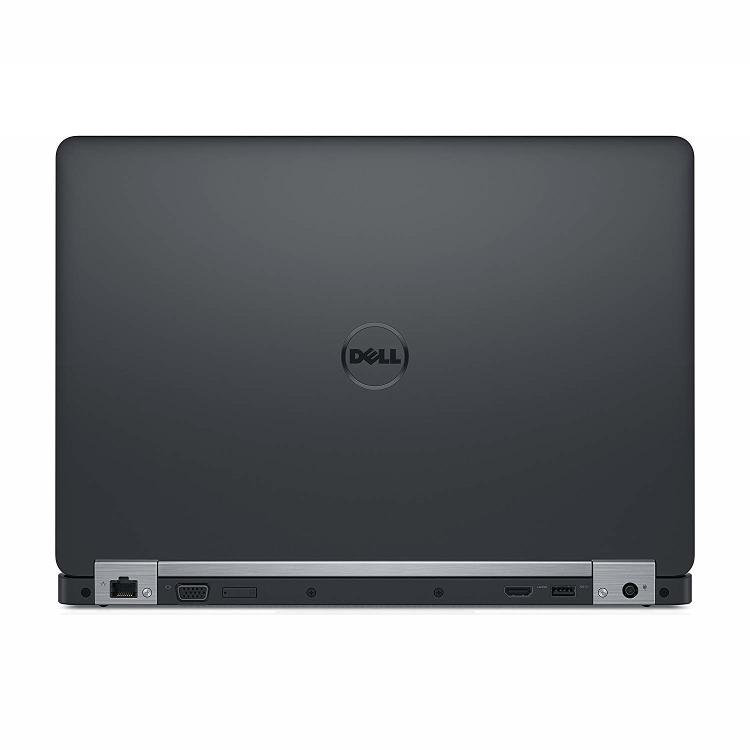 Geschlossener schwarzer Dell Laptop mit Logo und Anschlüssen an der Rückseite.
