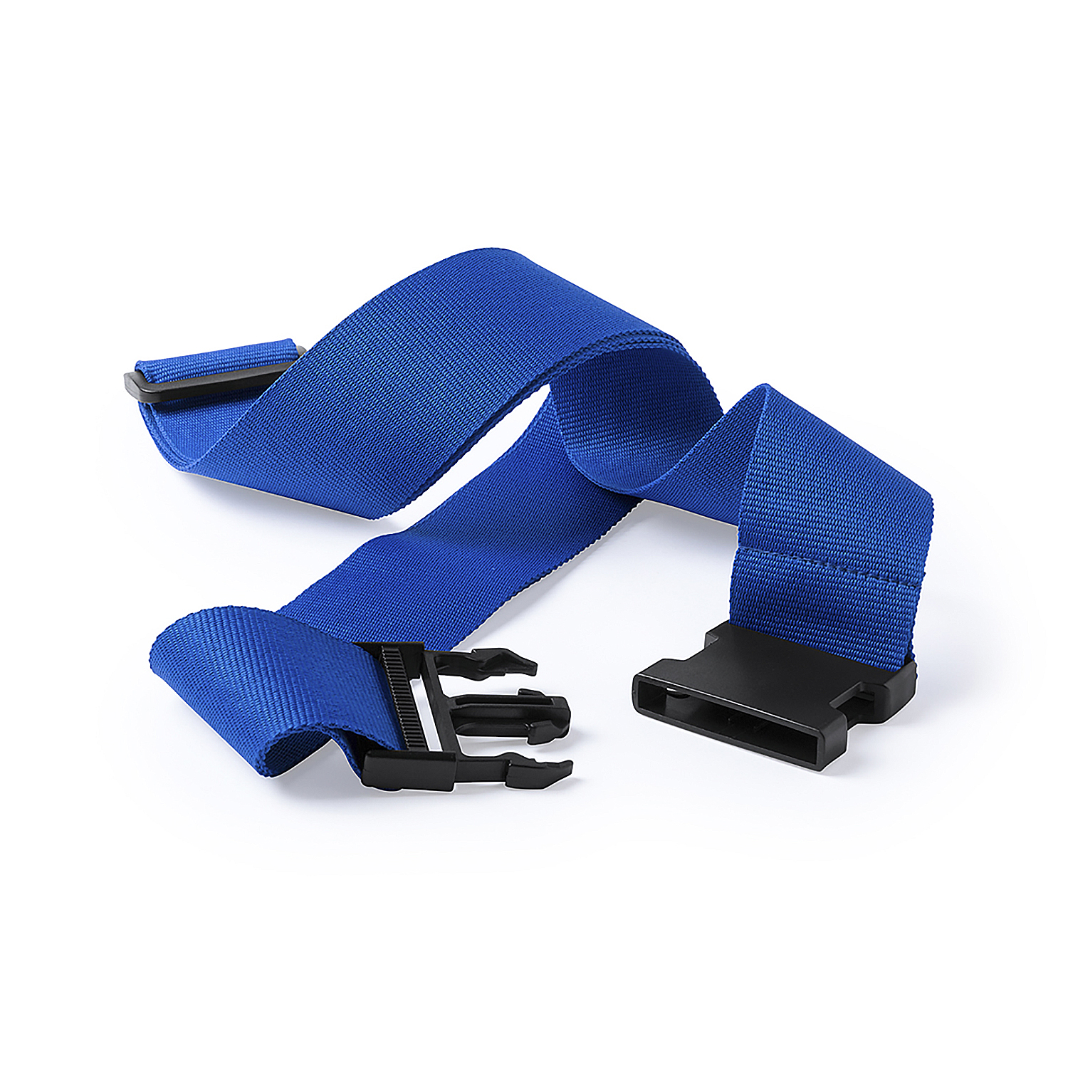 Un cinturino blu con chiusura a fibbia nera su sfondo bianco.