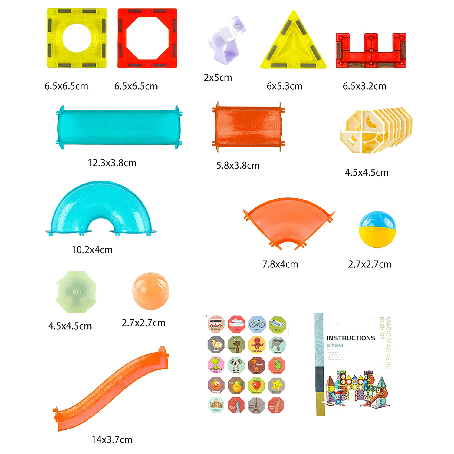 Kolorowe magnetyczne klocki konstrukcyjne i akcesoria, w tym tuby, lejki, zjeżdżalnia i piłka.