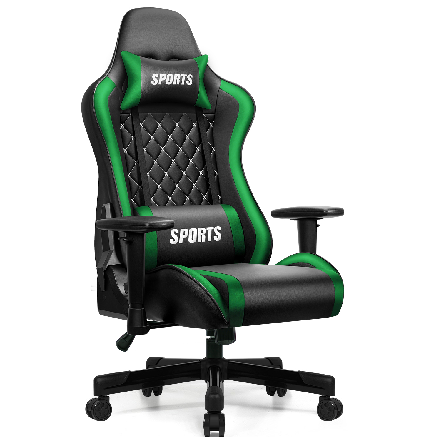 Schwarzer Gaming-Stuhl mit grünen Akzenten und der Aufschrift "SPORTS" auf Kissen.