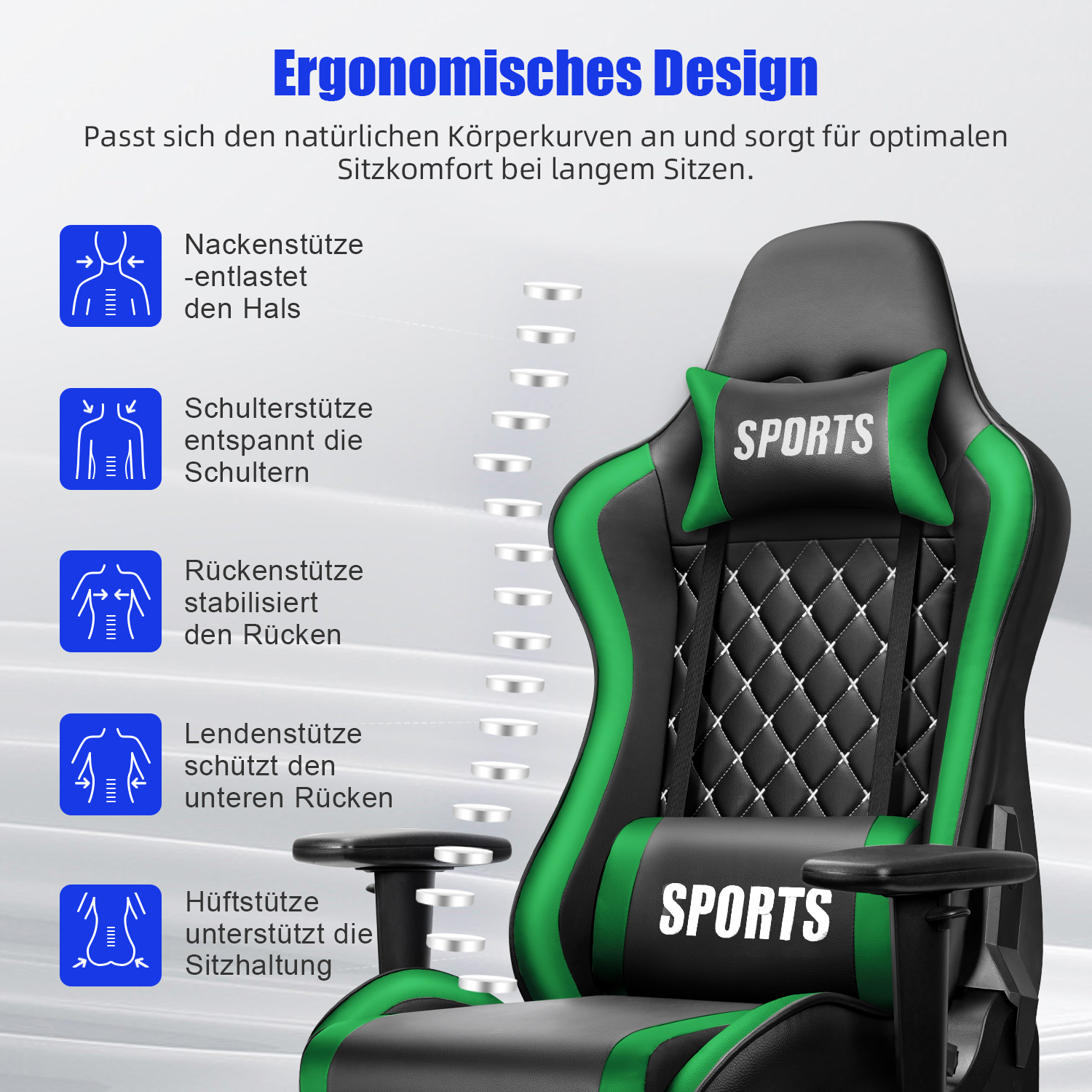 Ergonomischer Gaming-Stuhl in Schwarz und Grün mit 